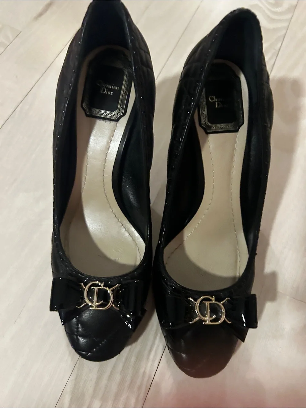 Dior Black Quilted Cannage leather heels.  Gold CD Bow